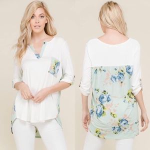 Ivory blouse with mint floral pocket and back